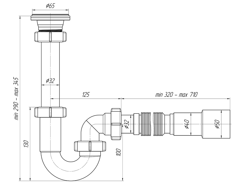 Сифон для раковины АНИ Пласт DB1016 1 1/4 дюйма 32 мм прямоточный с гибкой трубой 32х40/50 мм