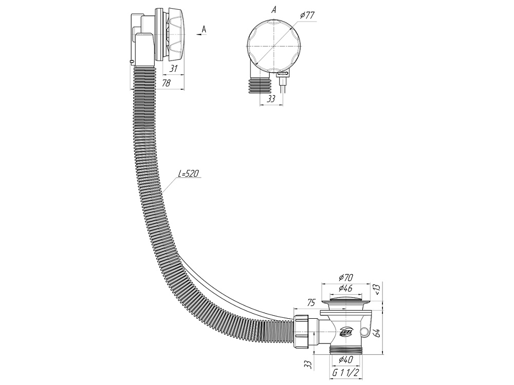 Перелив полуавтомат для ванны АНИ Пласт EM401 580 мм пластиковая хромированная ручка