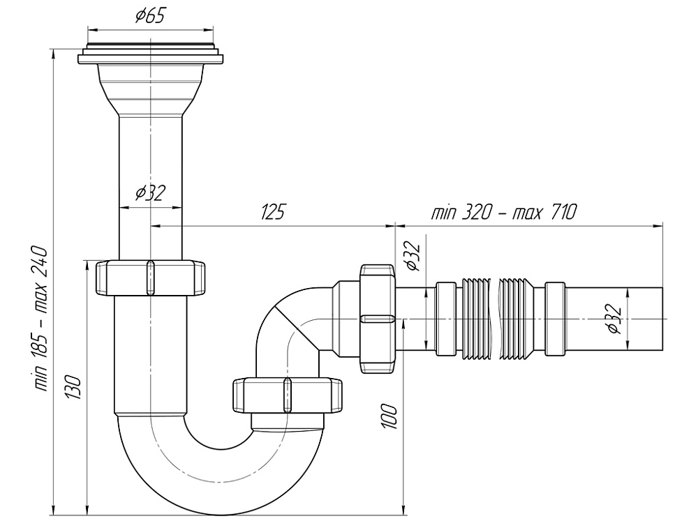 Сифон для раковины АНИ Пласт DB2005 1 1/4 дюйма 32 мм прямоточный слитым выпуском и гибкой трубой 32х32 мм