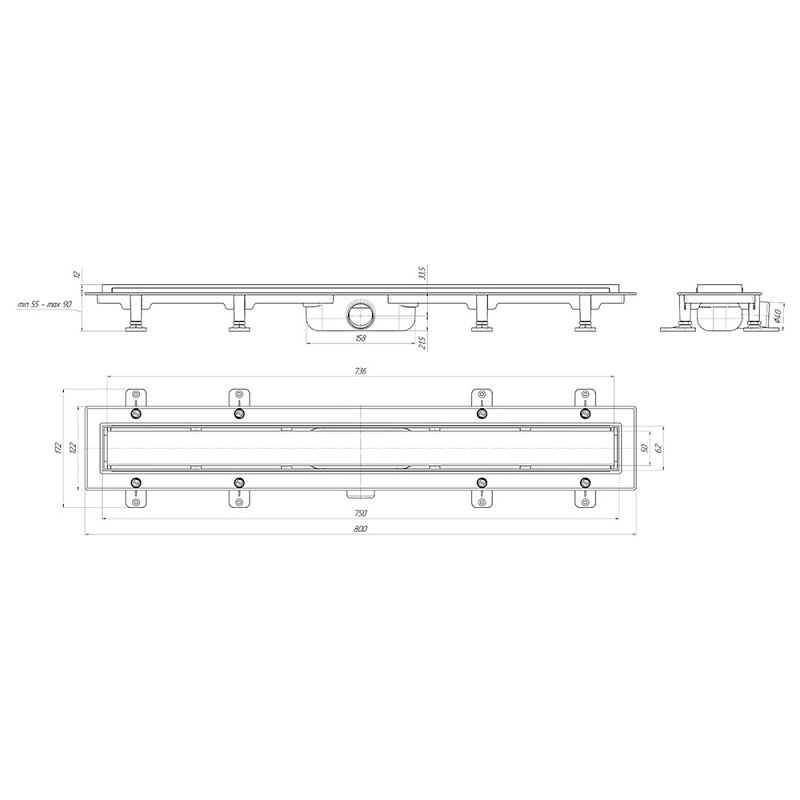 Трап линейный пластиковый АНИ Пласт TLQ1175G DN40 с сухим затвором и глянцевой решёткой Штиль 750х62 мм