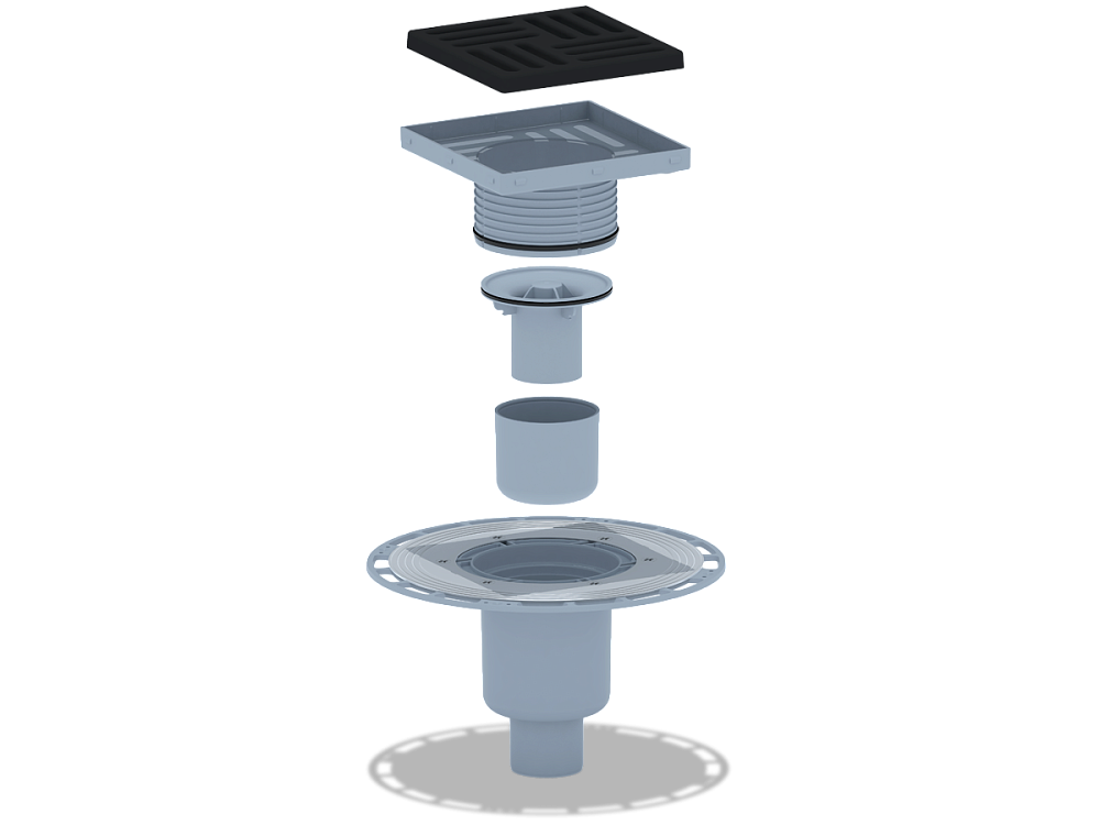 Трап вертикальный регулируемый АНИ Пласт THA5716 выпуск 50 мм с решеткой из чугуна 150х150 мм