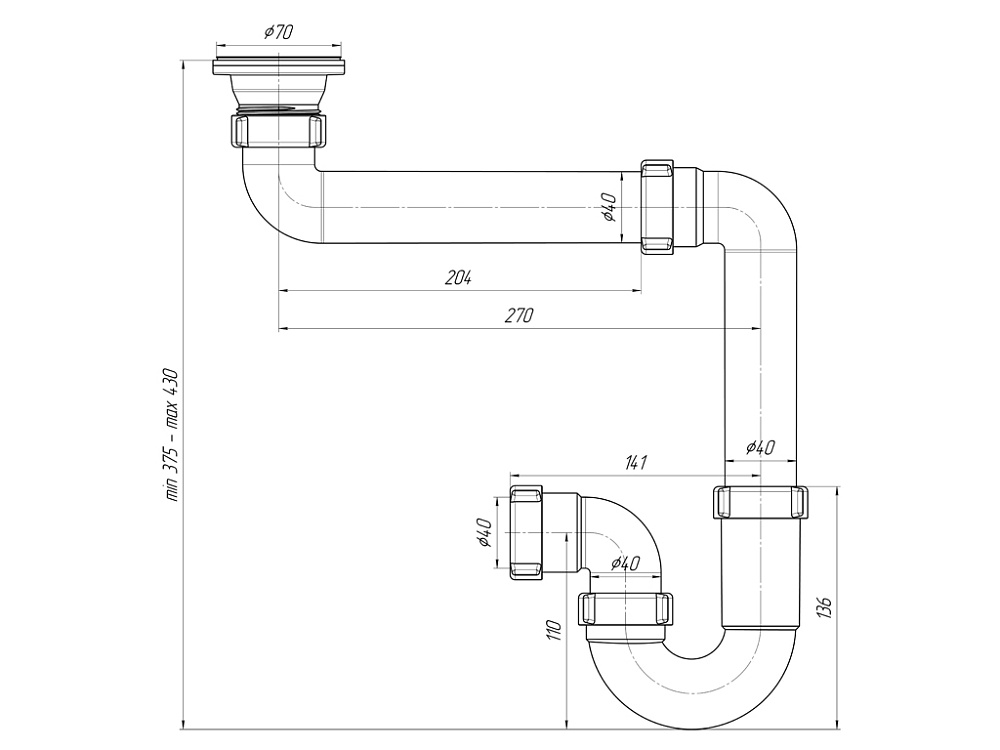 Сифон для мойки АНИ Пласт D5000 1 1/2 дюйма 40 мм прямоточный смещенный