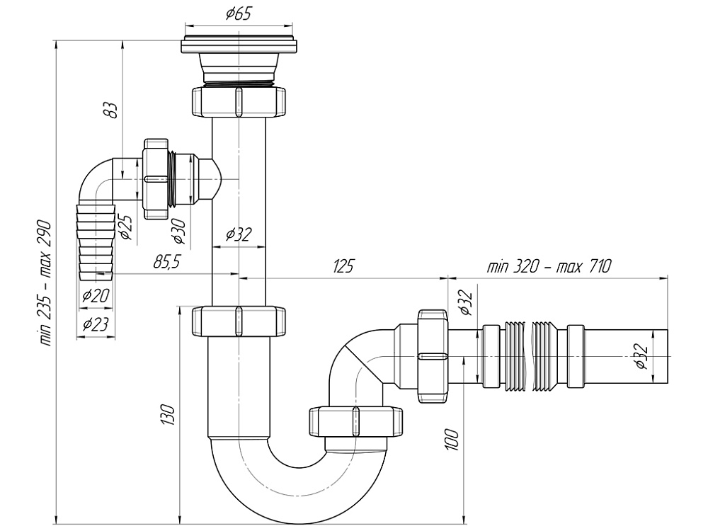Сифон для раковины АНИ Пласт DB1305 с отводом для стиральной машины и гибкой трубой 32х32 мм