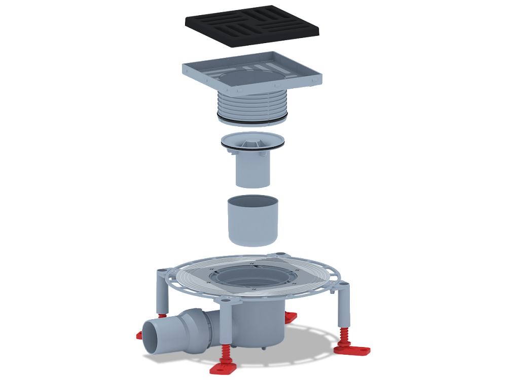Трап горизонтальный регулируемый АНИ Пласт THA5616 выпуск 50 мм с решеткой из чугуна 150х150 мм