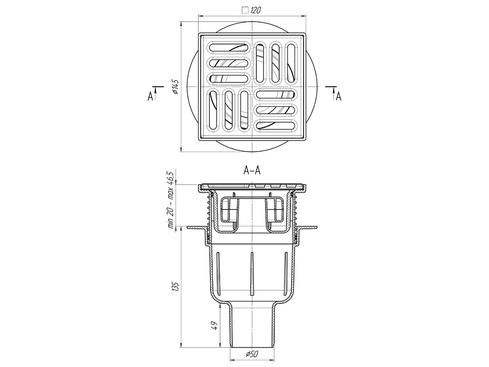 Трап для душа АНИ Пласт TQ5714 DN50 вертикальный регулируемый с сухим затвором и решёткой из нержавеющей стали 120х120 мм