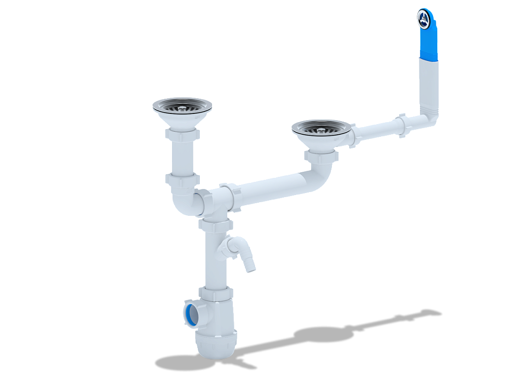 Сифон для мойки АНИ Пласт Грот A3700 3 1/2 дюйма 40 мм двойной разноуровневый с жестким переливом и отводом для стиральной машины