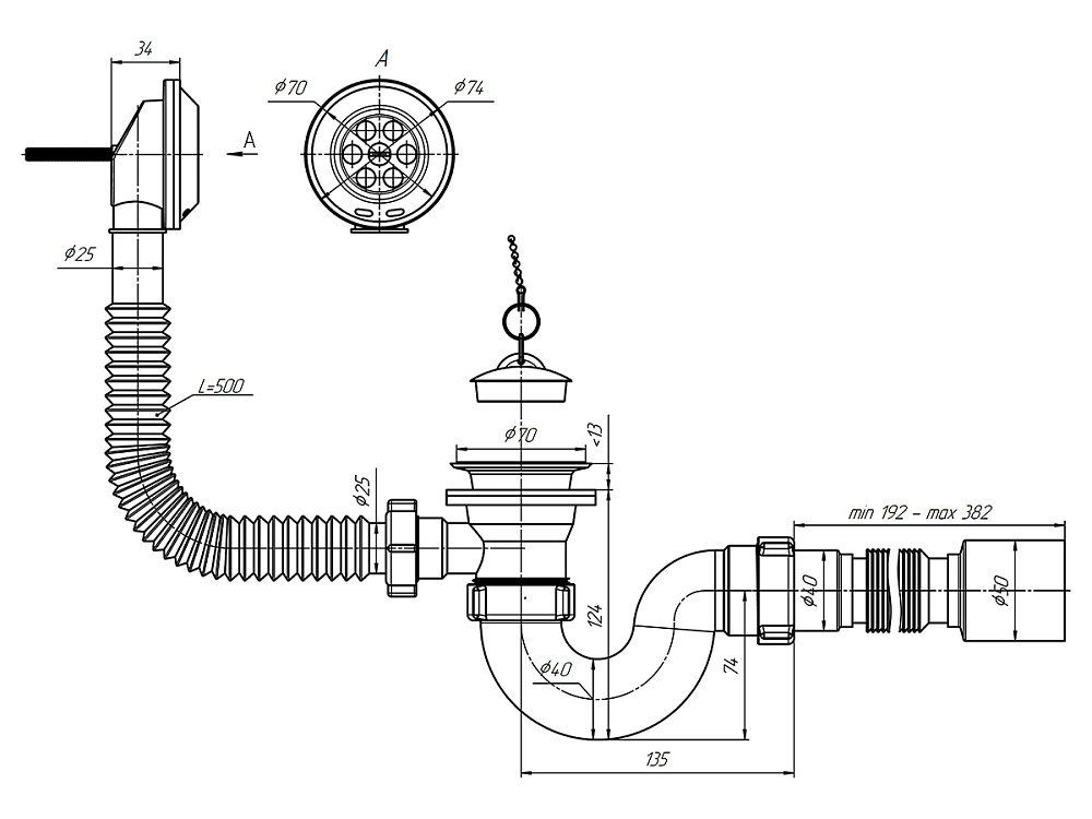 Сифон для ванны АНИ Пласт E155 1 1/2 дюйма с переливом и гибкой трубой 40х50 мм