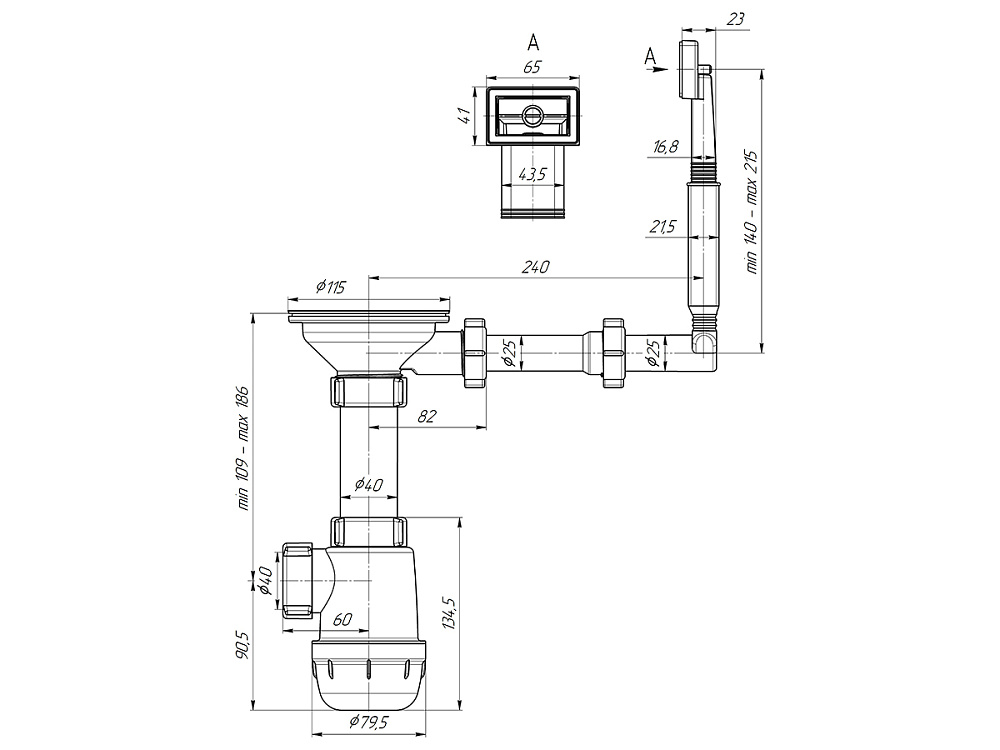 Сифон для мойки АНИ Пласт Грот A0145 3 1/2 дюйма 40 мм с жестким переливом