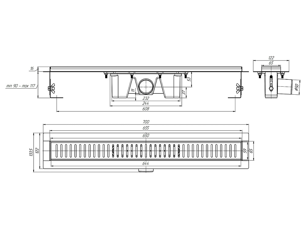 Трап линейный из нержавеющей стали АНИ Пласт TL2465G выпуск 50 мм решётка Бимс глянцевая 650 мм