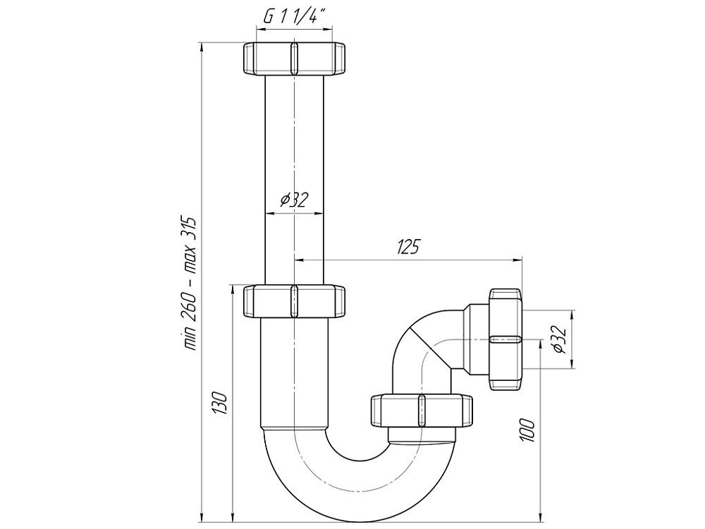 Сифон для раковины АНИ Пласт DB1020 1 1/4 дюйма 32 мм прямоточный без выпуска