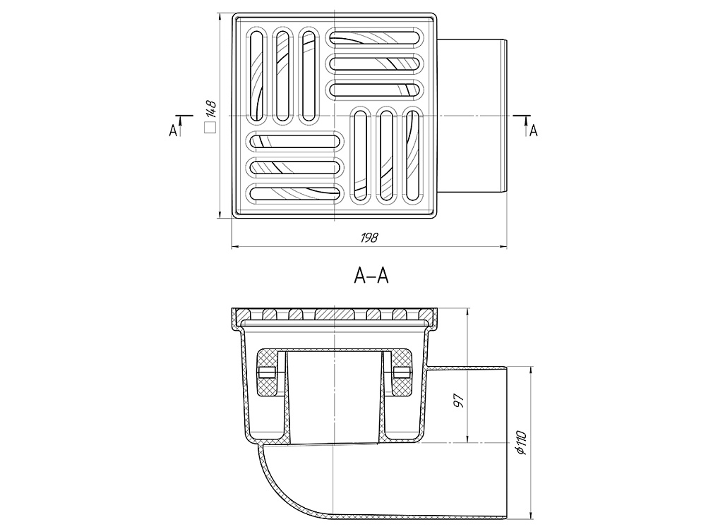 Трап для душа АНИ Пласт TQ1116 DN110 горизонтальный нерегулируемый с сухим затвором и решёткой из чугуна 150х150 мм
