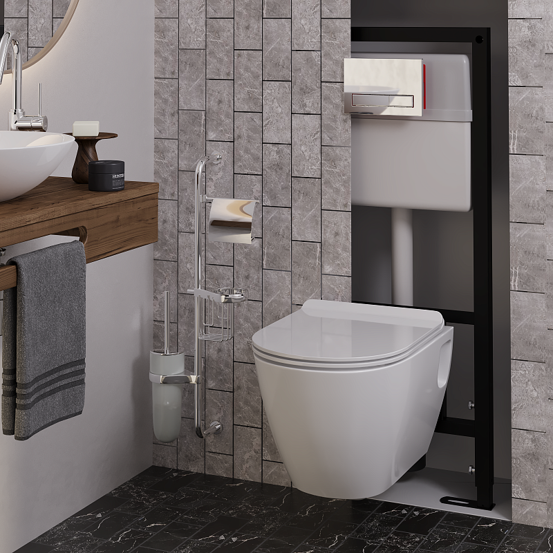 Набор инсталляции 50 см АНИ Пласт WN5 G1411G Art с безободковым унитазом, с сиденьем микролифт, хром глянец клавишей WPG1411G