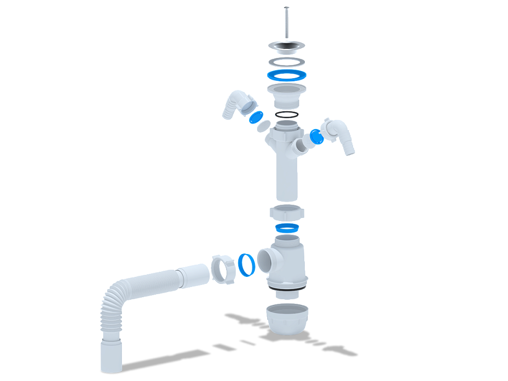 Сифон для мойки АНИ Пласт Грот A1105 1 1/2 дюйма 40 мм с двумя отводами для стиральной машины с гибкой трубой 40х40 мм