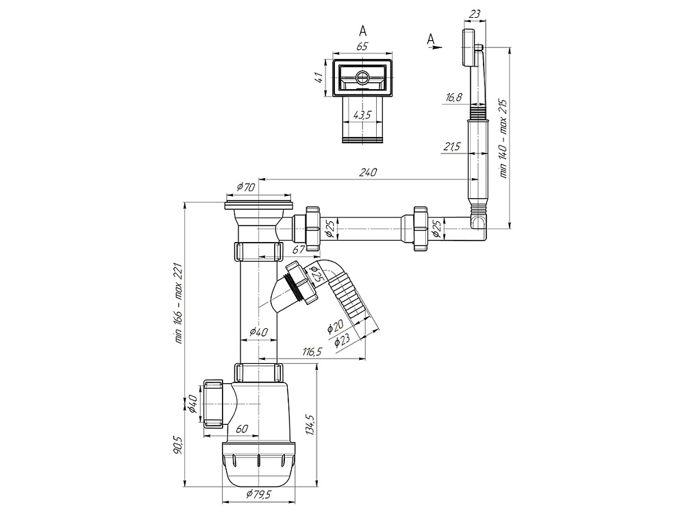 Сифон для мойки АНИ Пласт Грот A1040 1 1/2 дюйма 40 мм с отводом для стиральной машины и жестким переливом