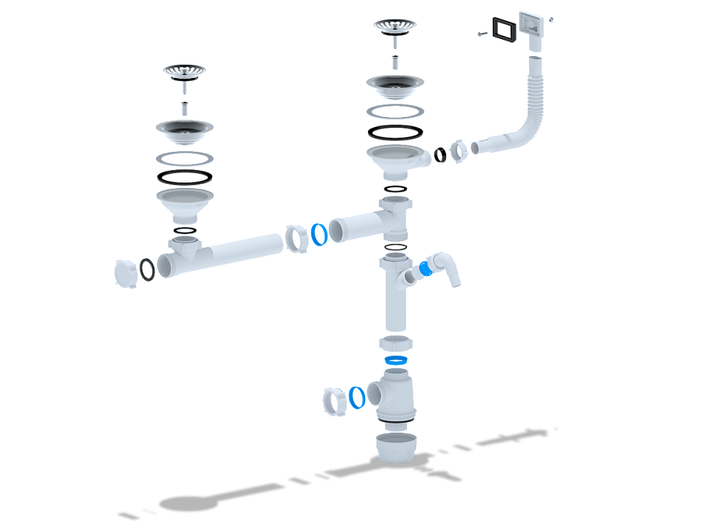 Cифон для мойки АНИ Пласт Грот A7500S 3 1/2 дюйма 40 мм двойной смещенный с переливом и отводом для стиральной машины
