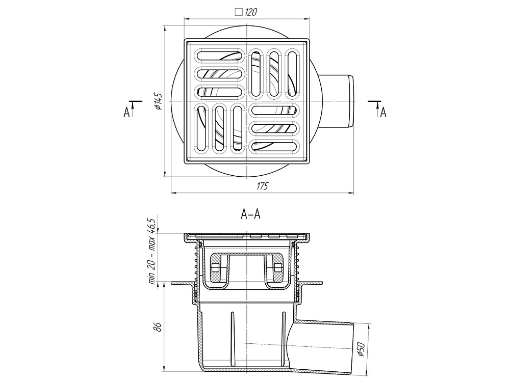 Трап для душа АНИ Пласт TQ5614 DN50 горизонтальный регулируемый с сухим затвором и решёткой из нержавеющей стали 120х120 мм