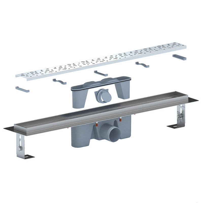 Трап линейный из нержавеющей стали АНИ Пласт TLZ2365G DN50 с комбинированным затвором глянцевой решёткой Бриз 650х65 мм