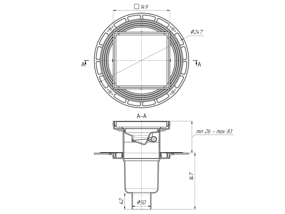 Трап для душа АНИ Пласт THQ5912 DN50 вертикальный регулируемый с сухим затвором и решёткой из нержавеющей стали 150х150 мм