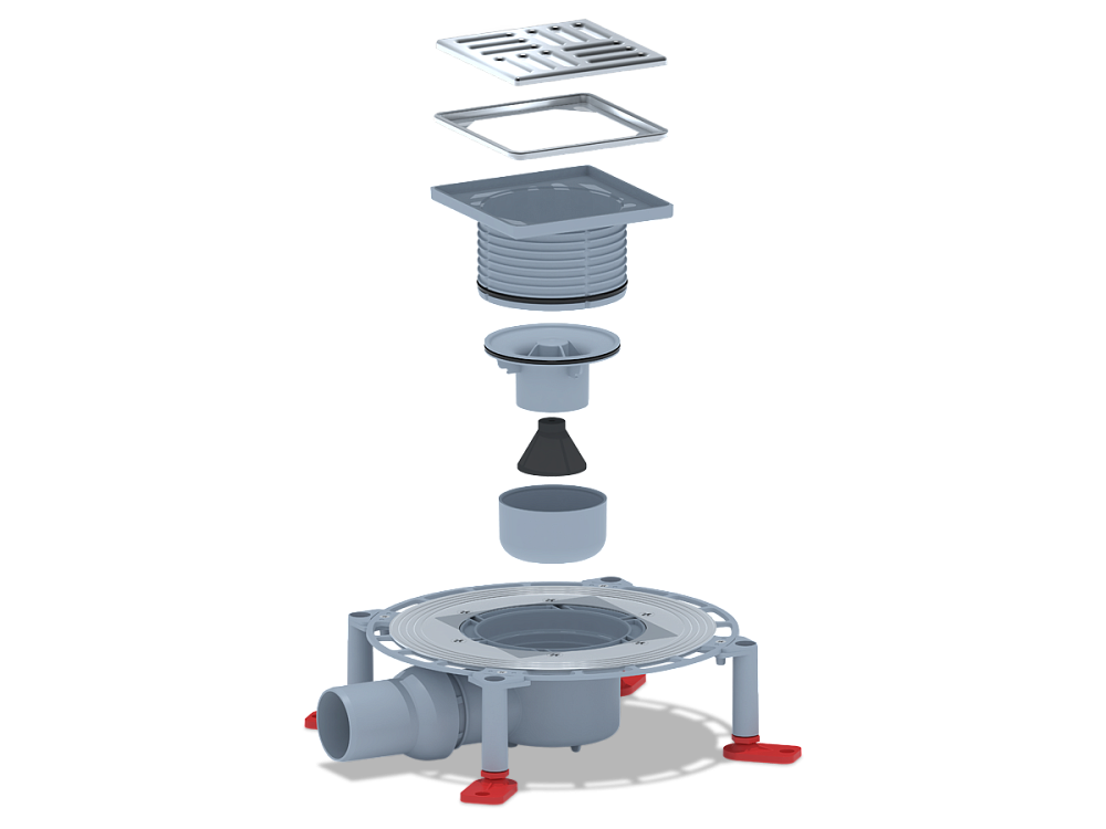 Трап для душа АНИ Пласт TVZ5614M DN50 горизонтальный регулируемый с комбинированным затвором, решёткой и обрешеткой из нержавеющей стали 120х120 мм