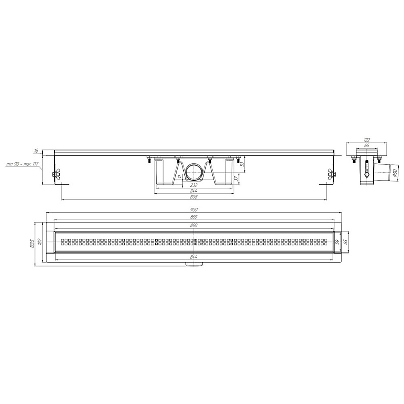 Трап линейный из нержавеющей стали АНИ Пласт TLZ2285G DN50 с комбинированным затвором глянцевой решёткой Риф 850х65 мм