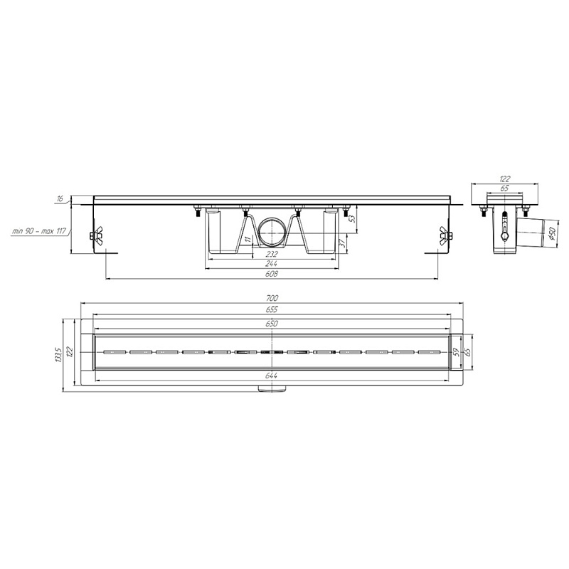 Трап линейный из нержавеющей стали АНИ Пласт TLZ2565G DN50 с комбинированным затвором и глянцевой решётка Киль 650х65 мм