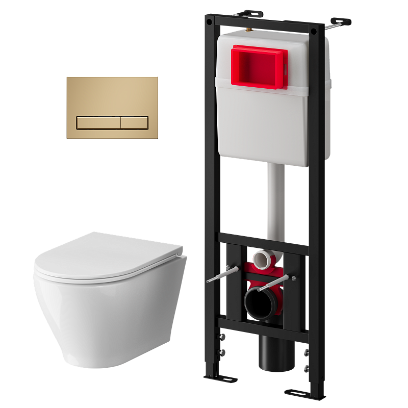 Набор инсталляции 40 см АНИ Пласт WN4 1455 Breeze с безободковым унитазом, с сиденьем микролифт, золото матовый клавишей WP1455