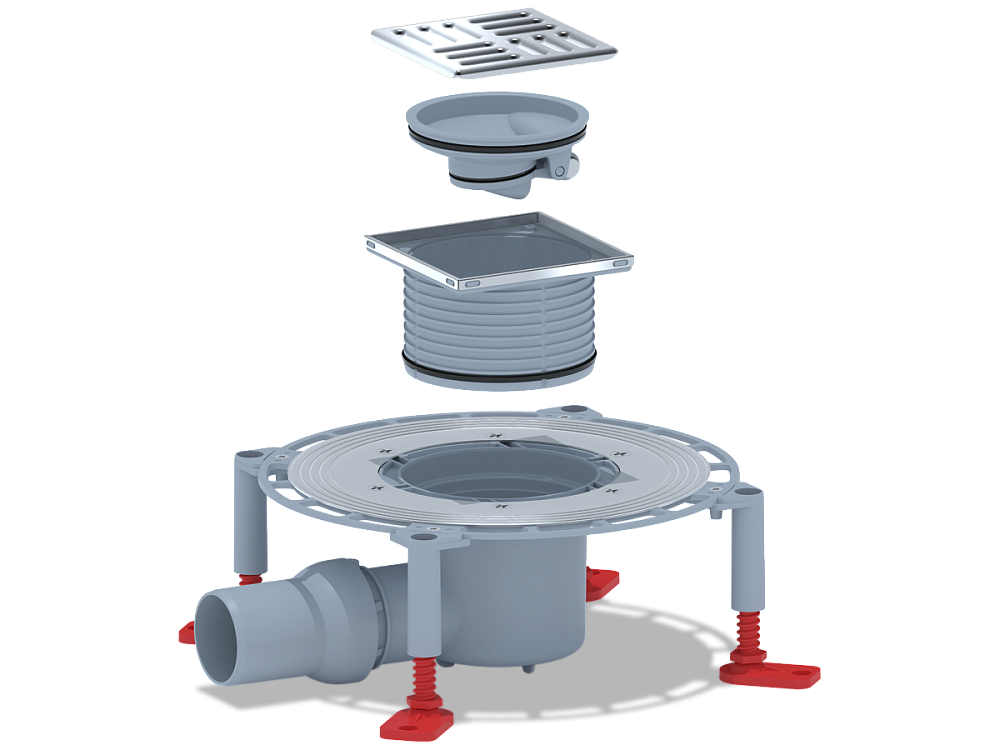 Трап для душа АНИ Пласт THQ5602 DN50 горизонтальный регулируемый с сухим затвором и решёткой из нержавеющей стали 100х100 мм