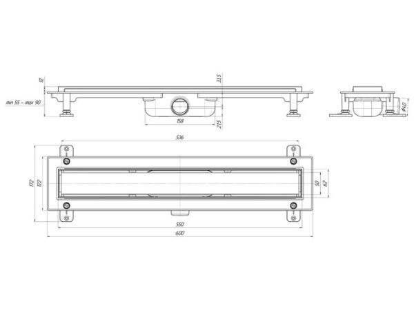 Трап линейный пластиковый АНИ Пласт TL1155G выпуск 40 мм решётка Штиль глянцевая нержавеющая сталь 550 мм