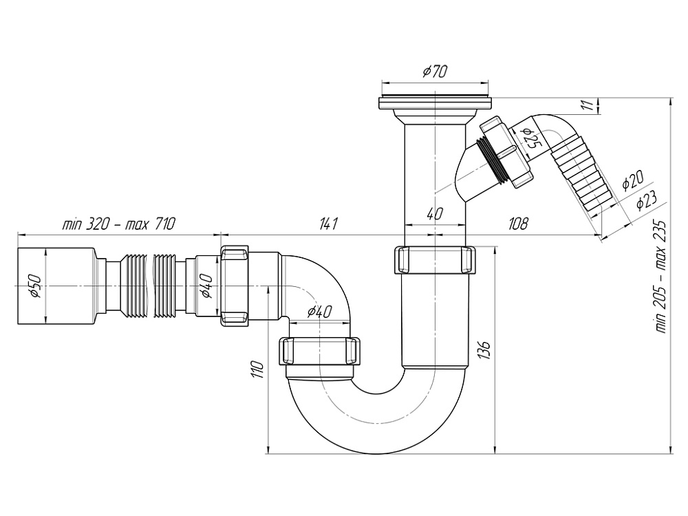Сифон для мойки АНИ Пласт D2010 1 1/2 дюйма 40 мм прямоточный с литым выпуском с отводом для стиральной машины и гибкой трубой 40х50 мм