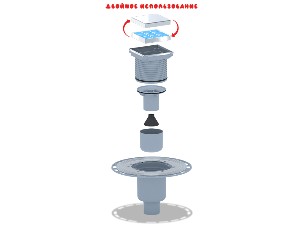 Трап для душа АНИ Пласт THZ5902 DN50 вертикальный регулируемый с комбинированным затвором и решёткой из нержавеющей стали 100х100 мм под плитку
