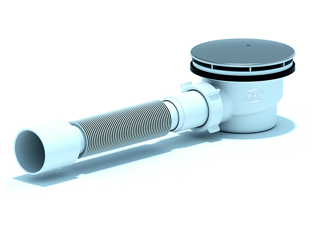 Сифон для душевого поддона АНИ Пласт E325C 1 1/2 дюйма 90 мм высота 65 мм хром с гибкой трубой 40х50 мм