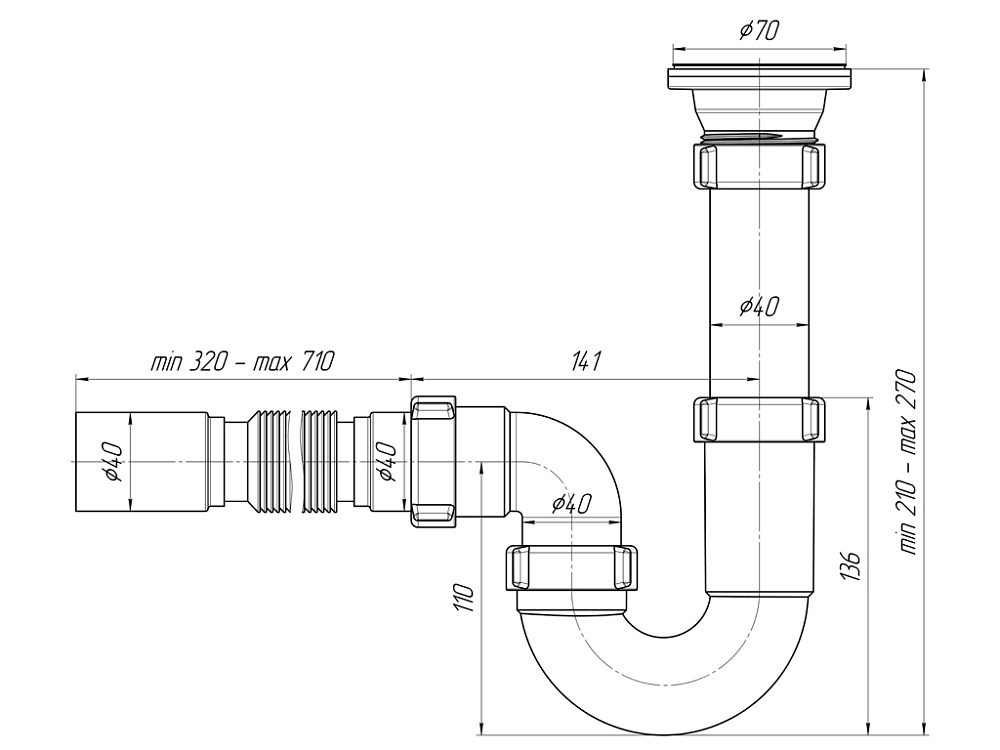 Сифон для мойки АНИ Пласт D0105 1 1/2 дюйма 40 мм прямоточный с гибкой тубой 40х40 мм