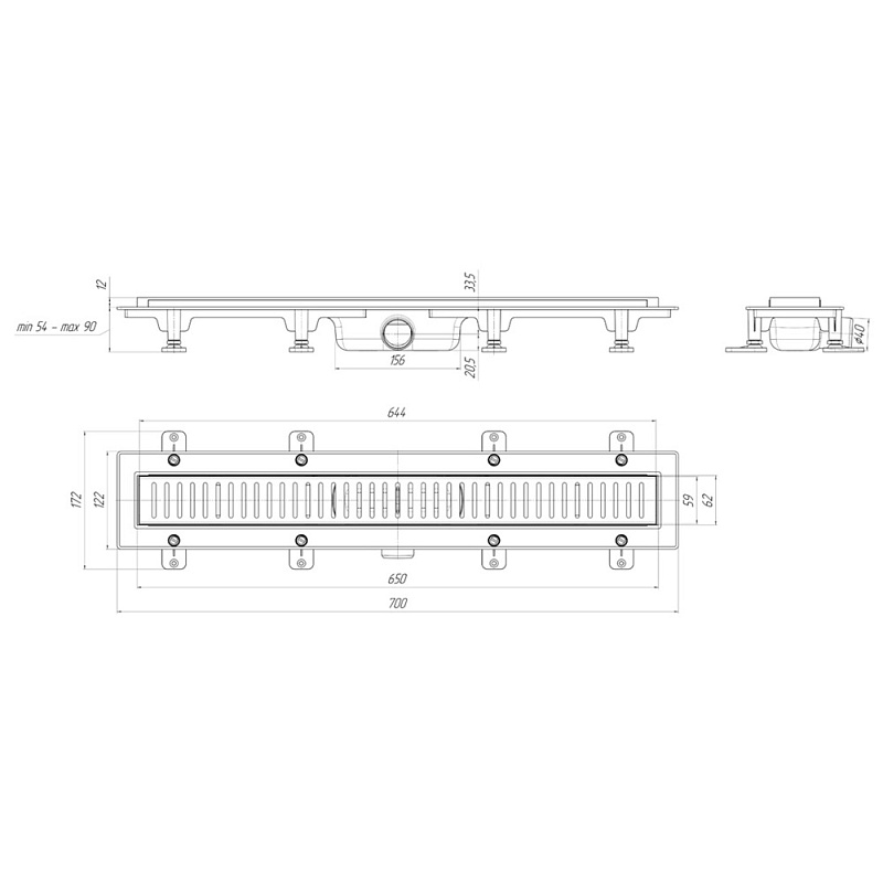 Трап линейный пластиковый АНИ Пласт TLQ1465G DN40 с сухим затвором и глянцевой решёткой Бимс 650х62 мм