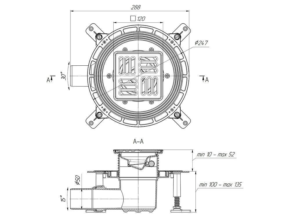 Трап для душа АНИ Пласт THQ5614M DN50 горизонтальный регулируемый с сухим затвором, решёткой и обрешёткой из нержавеющей стали 120х120 мм