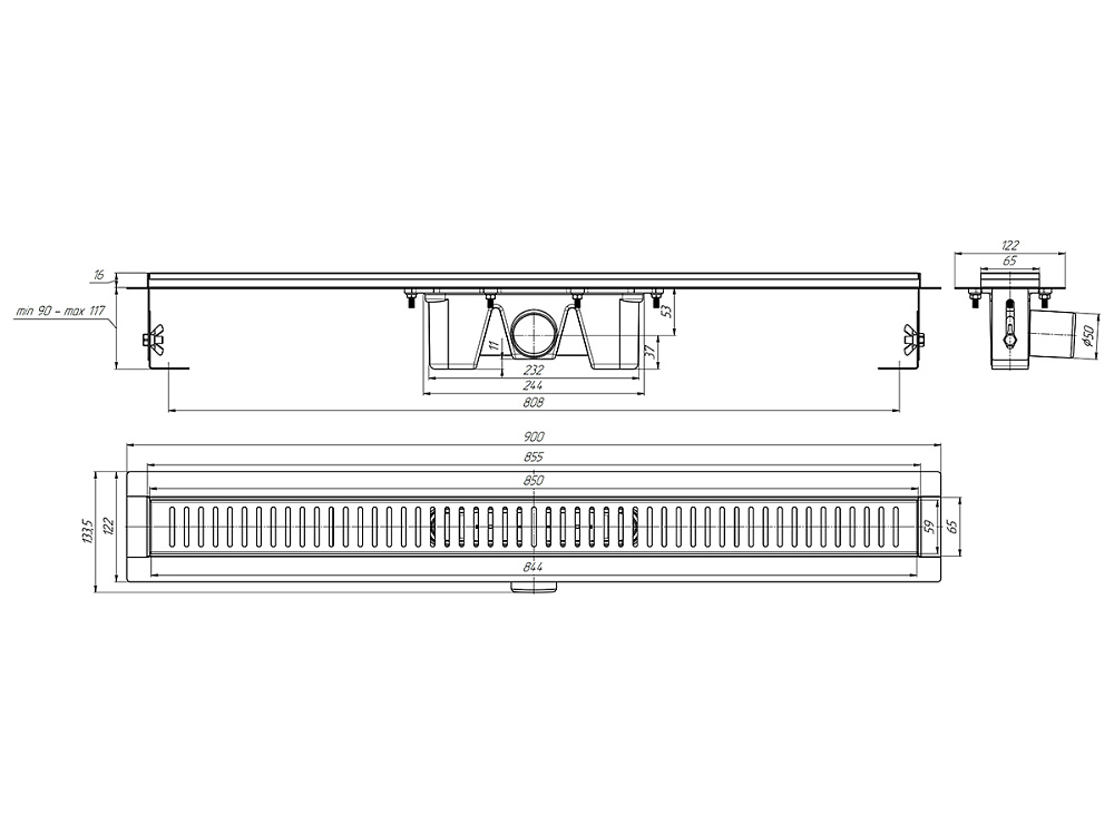 Трап линейный из нержавеющей стали АНИ Пласт TL2485M выпуск 50 мм решётка Бимс матовая 850 мм