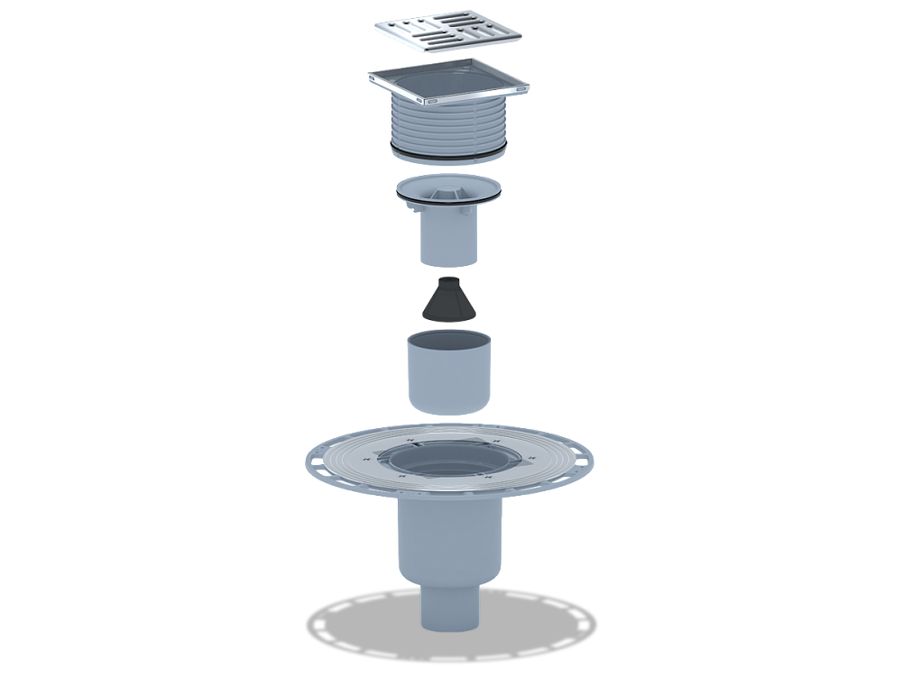 Трап для душа АНИ Пласт THZ5702 DN50 высокий вертикальный регулируемый с комбинированным затвором и решёткой из нержавеющей стали 100х100 мм