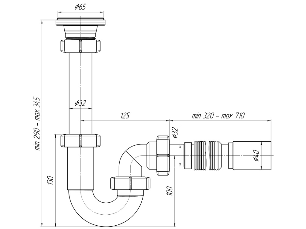 Сифон для раковины АНИ Пласт DB1010 1 1/4 дюйма 32 мм прямоточный с гибкой трубой 32х40 мм