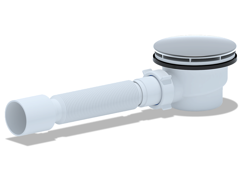 Сифон для душевого поддона АНИ Пласт E325VAL 1 1/2 дюйма 90 мм высота 53 мм вальцовка хром с гибкой трубой 40х50 мм