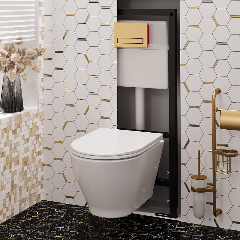 Набор инсталляции 50 см АНИ Пласт WN5 1455 Breeze с безободковым унитазом, с сиденьем микролифт, золото матовый клавишей WP1455