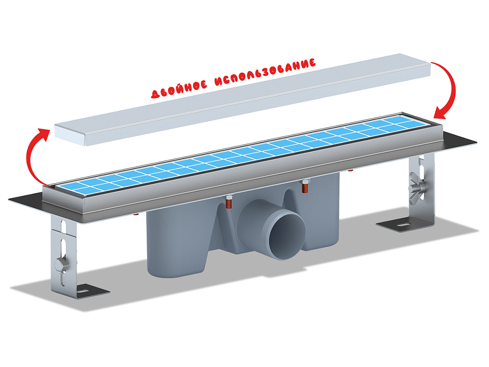 Трап линейный из нержавеющей стали АНИ Пласт TL2045 выпуск 50 мм под плитку 450 мм