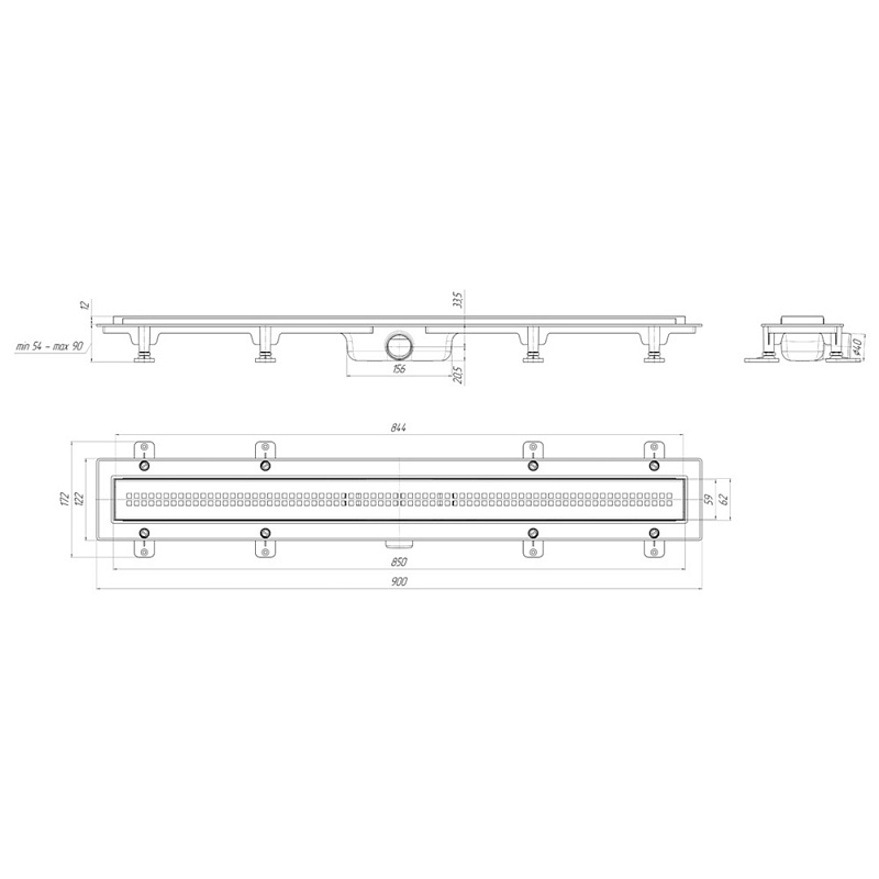 Трап линейный пластиковый АНИ Пласт TLQ1285G DN40 с сухим затвором и глянцевой решёткой Риф 850х62 мм