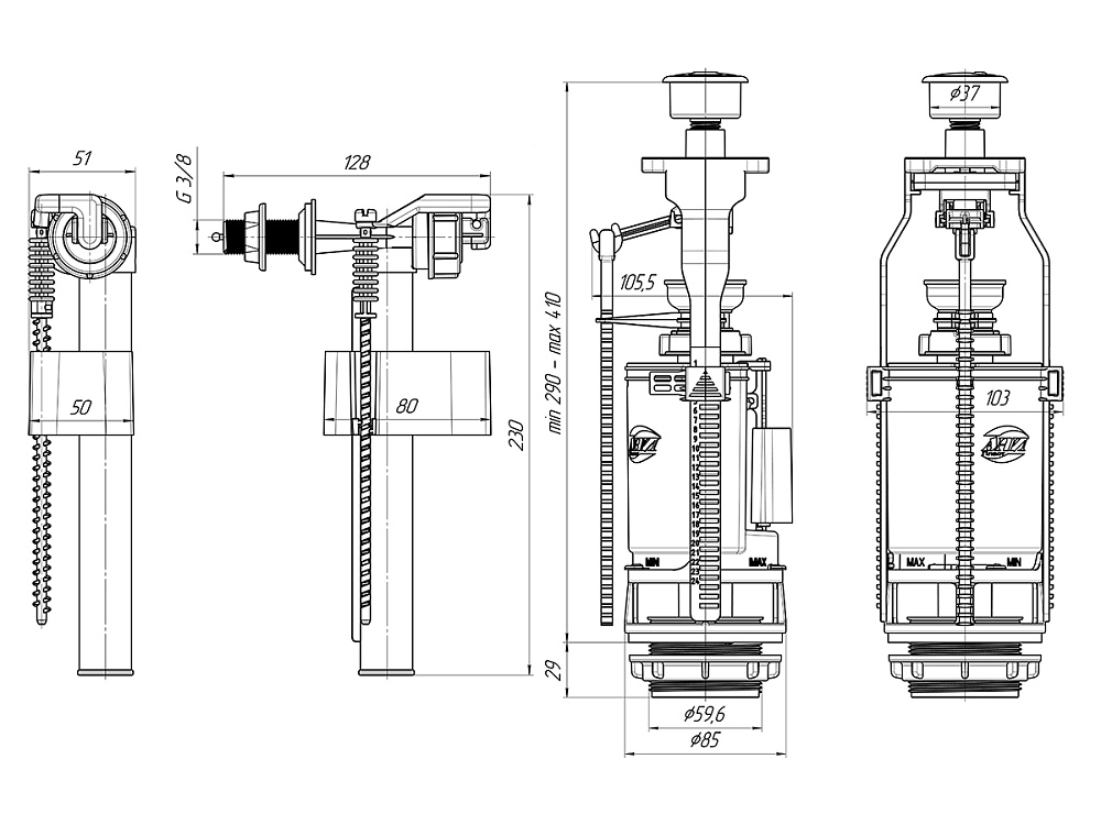 Набор с боковой подводкой АНИ Пласт WC3070M 3/8 дюйма с пластиковым штуцером двойная кнопка эконом металл