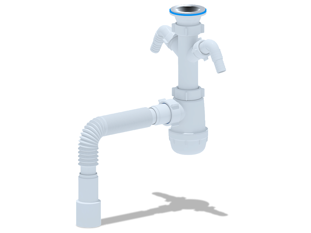 Сифон для мойки АНИ Пласт Грот A1115 1 1/2 дюйма 40 мм с двумя отводами для стиральной машины с гибкой трубой 40х40/50 мм