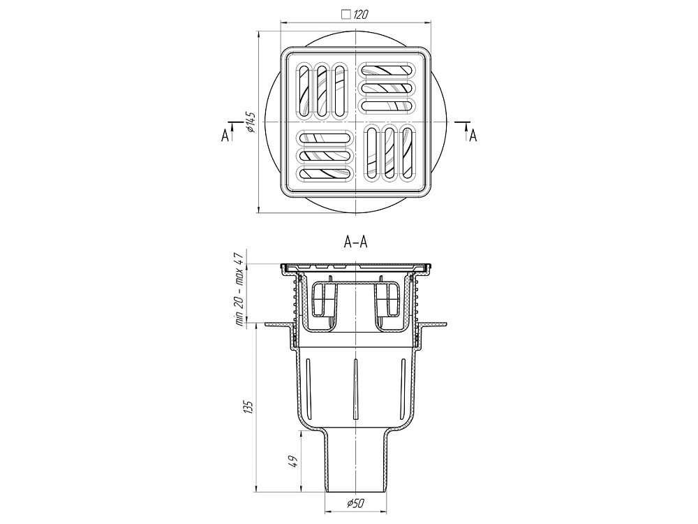 Трап для душа АНИ Пласт TQ5714M DN50 вертикальный регулируемый с сухим затвором, решёткой и обрешеткой из нержавеющей стали 120х120 мм