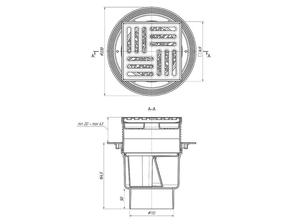 Трап для душа АНИ Пласт TQ1712 DN110 вертикальный регулируемый с сухим затвором и решёткой из нержавеющей стали 150х150 мм