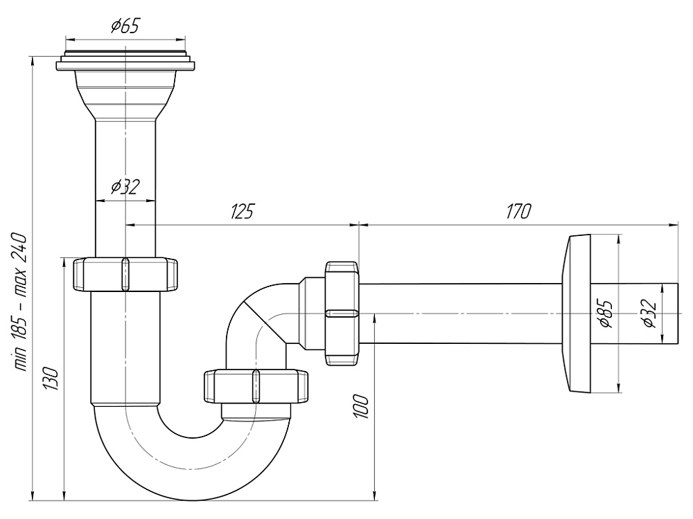 Сифон для раковины АНИ Пласт DB2003 1 1/4 дюйма 32 мм прямоточный с прямой трубой 32 мм