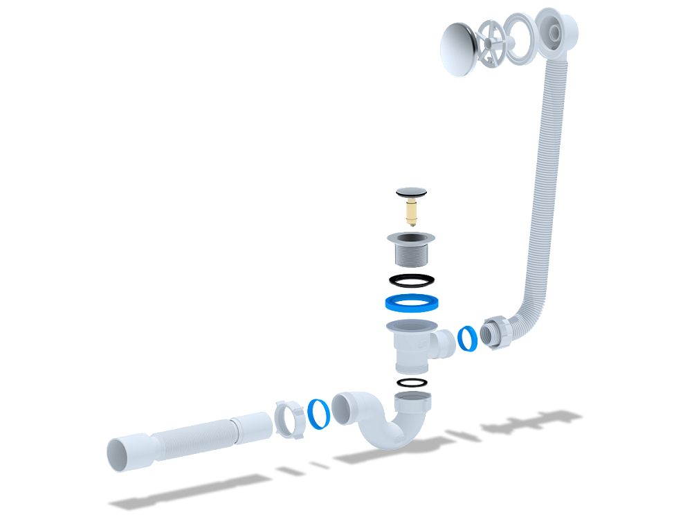 Сифон для ванны АНИ Пласт EC155 1 1/2 дюйма 40 мм клик-клак с переливом и гибкой трубой 40х50 мм