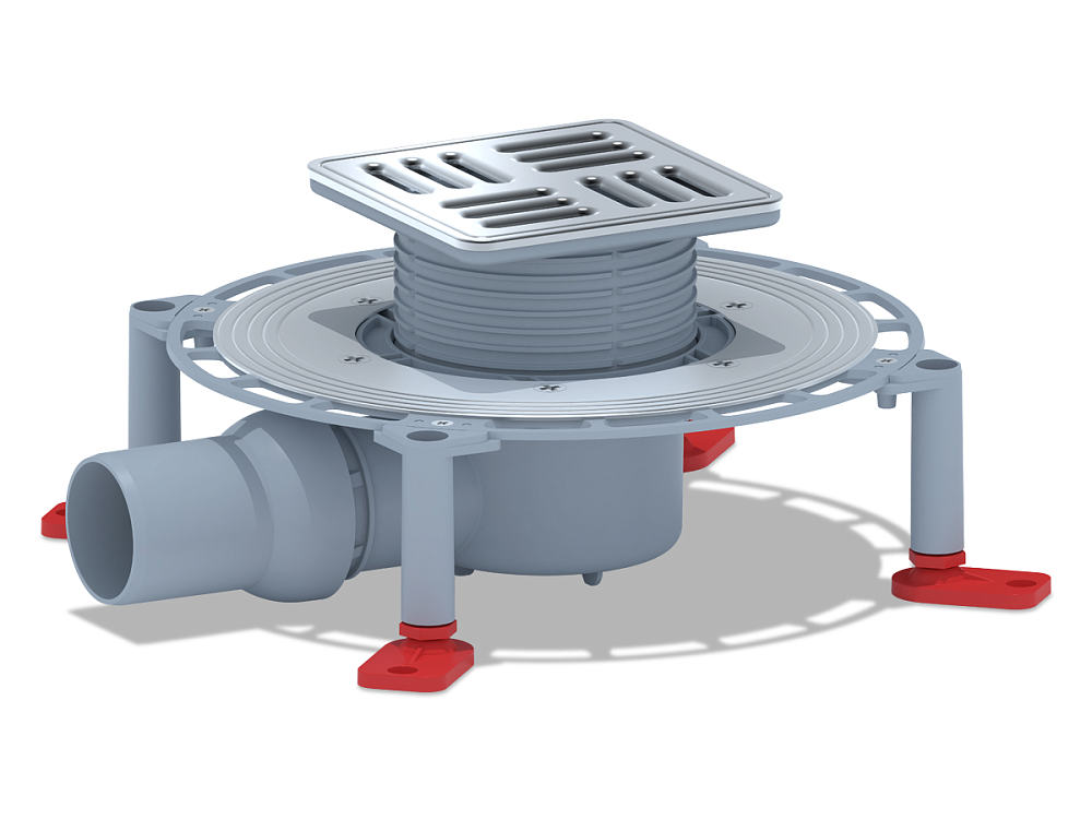 Трап горизонтальный регулируемый АНИ Пласт TVA5614M выпуск 50 мм с решеткой и обрешеткой из нержавеющей стали 120х120 мм