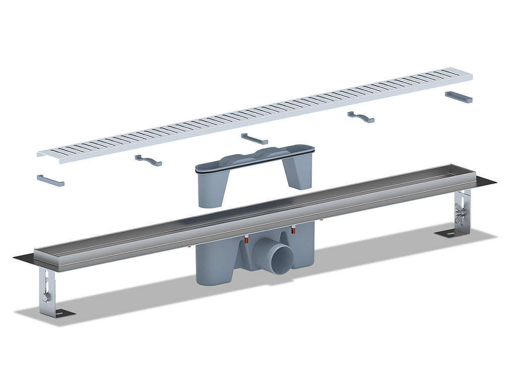 Трап линейный из нержавеющей стали АНИ Пласт TL2485M выпуск 50 мм решётка Бимс матовая 850 мм