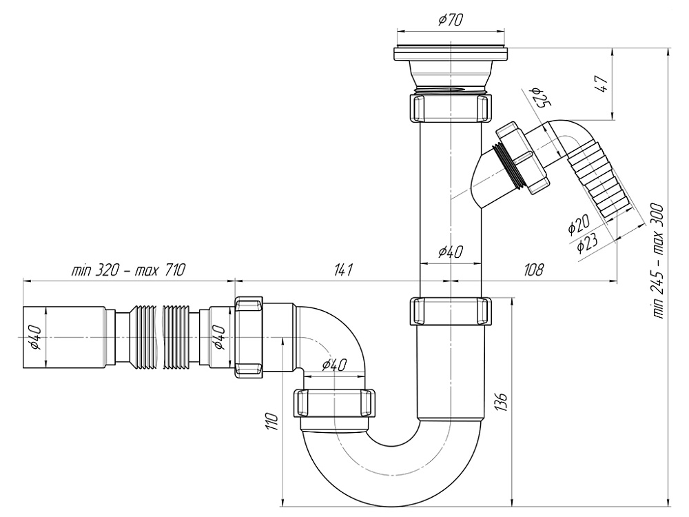 Сифон для мойки АНИ Пласт D1005 1 1/2 дюйма 40 мм прямоточный с отводом для стиральной машины и гибкой трубой 40х40 мм